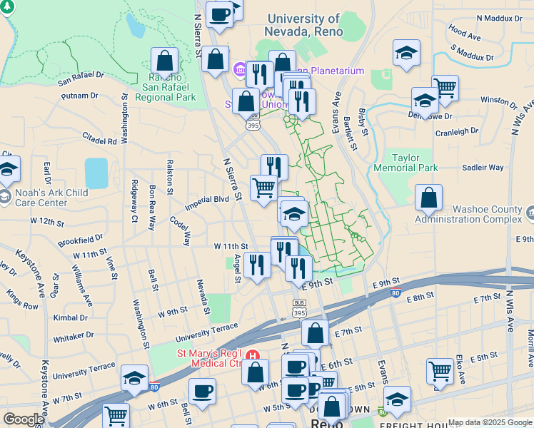 map of restaurants, bars, coffee shops, grocery stores, and more near 1250 North Sierra Street in Reno