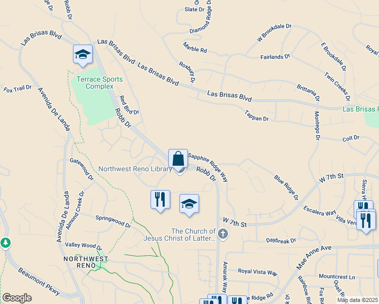 map of restaurants, bars, coffee shops, grocery stores, and more near 2408 Sapphire Ridge Way in Reno
