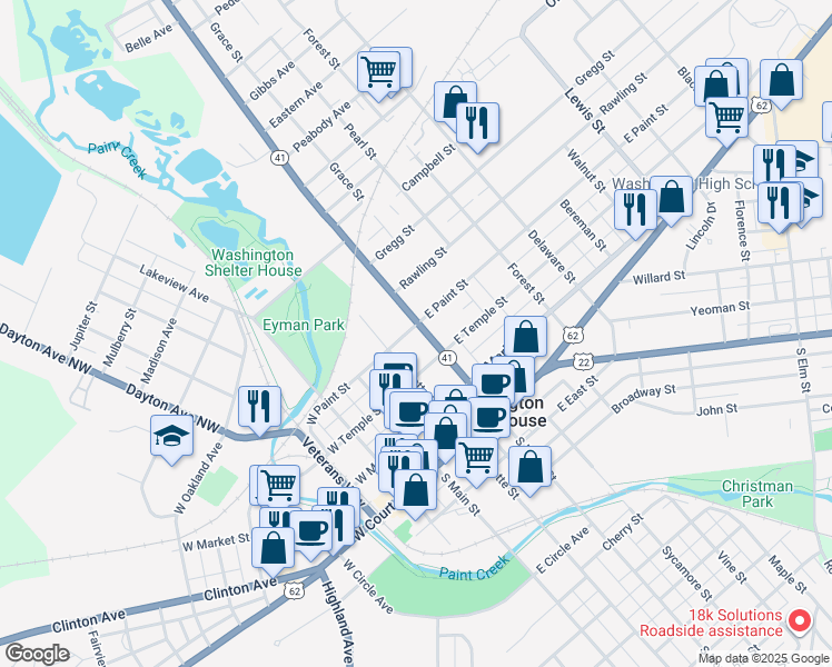 map of restaurants, bars, coffee shops, grocery stores, and more near 331 North North Street in Washington Court House