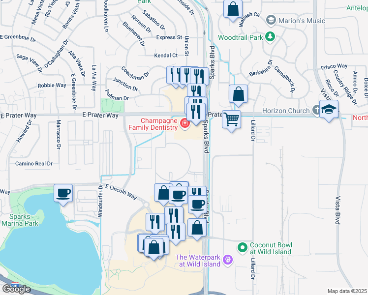 map of restaurants, bars, coffee shops, grocery stores, and more near 563 Sparks Boulevard in Sparks
