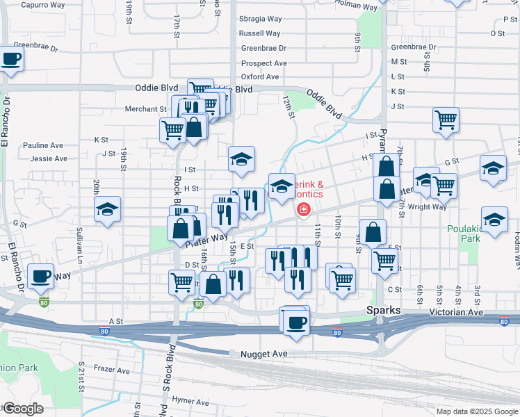 map of restaurants, bars, coffee shops, grocery stores, and more near 1445 G. Street in Sparks