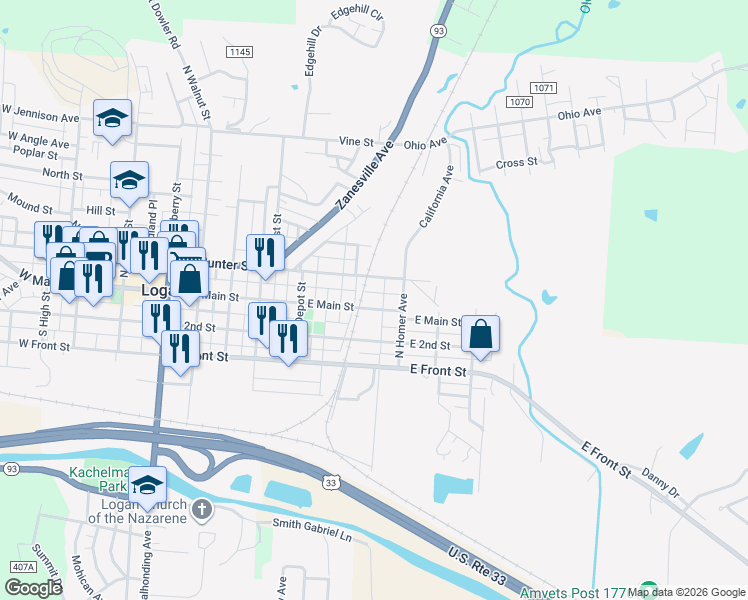 map of restaurants, bars, coffee shops, grocery stores, and more near 656 East Main Street in Logan