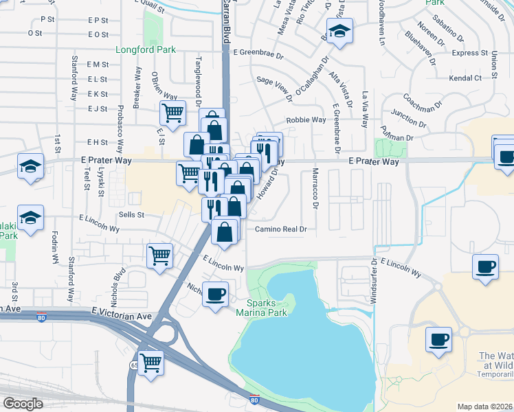 map of restaurants, bars, coffee shops, grocery stores, and more near 530 Howard Drive in Sparks
