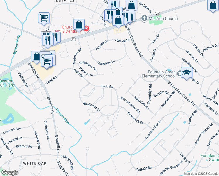 map of restaurants, bars, coffee shops, grocery stores, and more near 1500 Sunswept Drive in Bel Air