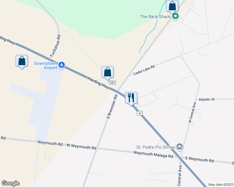 map of restaurants, bars, coffee shops, grocery stores, and more near 165 South Brewster Road in Vineland