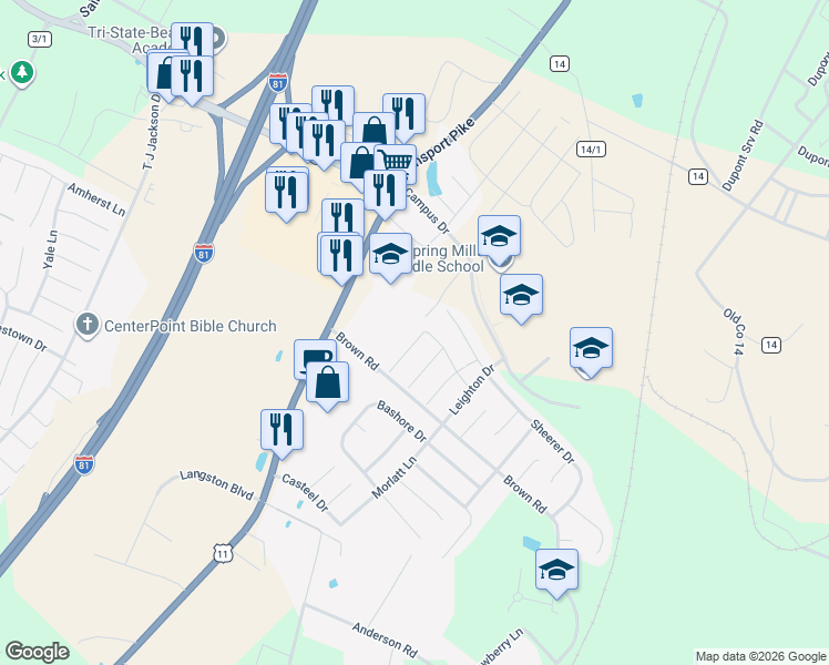 map of restaurants, bars, coffee shops, grocery stores, and more near 107 Mabel Lane in Martinsburg