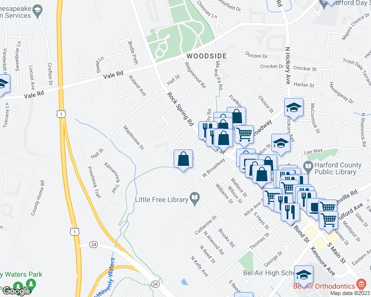 map of restaurants, bars, coffee shops, grocery stores, and more near 504 Mast Street in Bel Air