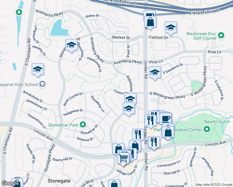 map of restaurants, bars, coffee shops, grocery stores, and more near 9751 Clandan Court in Parker