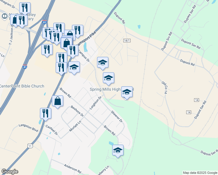 map of restaurants, bars, coffee shops, grocery stores, and more near 401 Campus Drive in Martinsburg