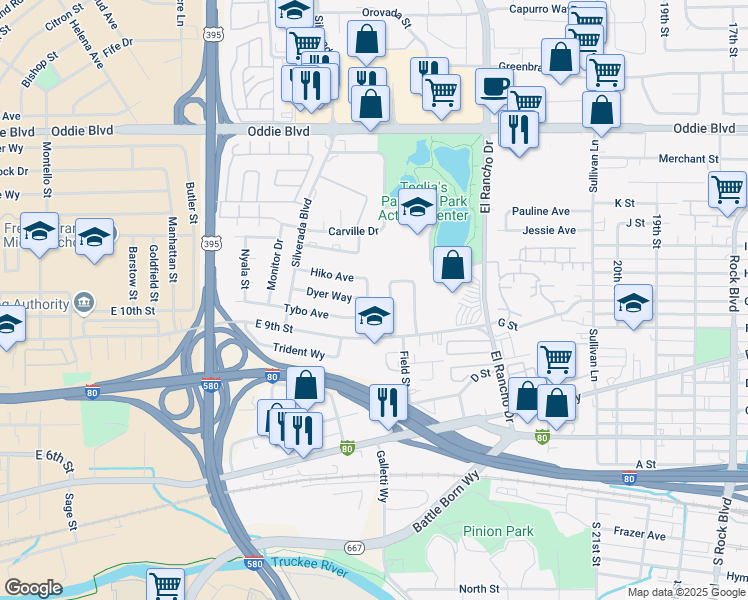 map of restaurants, bars, coffee shops, grocery stores, and more near 1100 Shoshone Drive in Reno