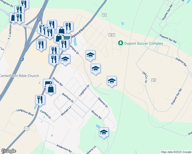 map of restaurants, bars, coffee shops, grocery stores, and more near 401 Campus Drive in Martinsburg