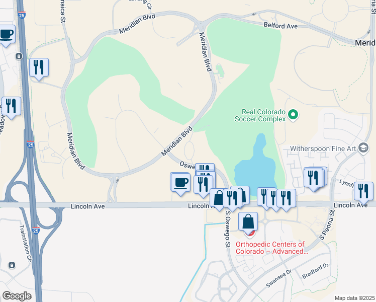 map of restaurants, bars, coffee shops, grocery stores, and more near 9780 South Meridian Boulevard in Englewood