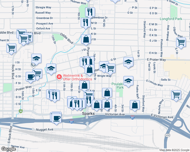 map of restaurants, bars, coffee shops, grocery stores, and more near 690 7th Street in Sparks