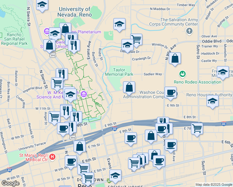 map of restaurants, bars, coffee shops, grocery stores, and more near 456 Highland Avenue in Reno