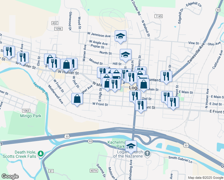 map of restaurants, bars, coffee shops, grocery stores, and more near 63 West Main Street in Logan