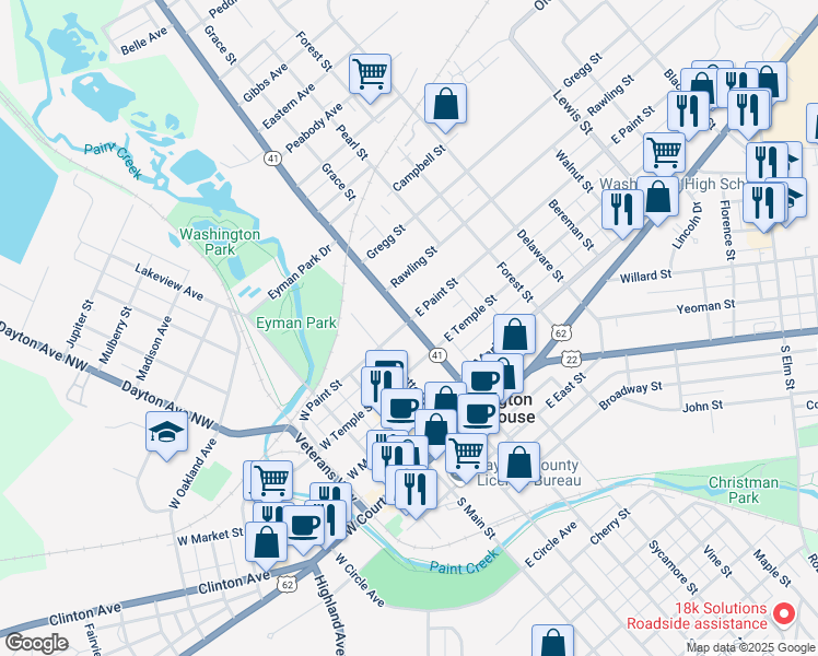 map of restaurants, bars, coffee shops, grocery stores, and more near 331 North North Street in Washington Court House