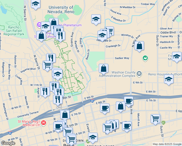 map of restaurants, bars, coffee shops, grocery stores, and more near 1110 Evans Avenue in Reno