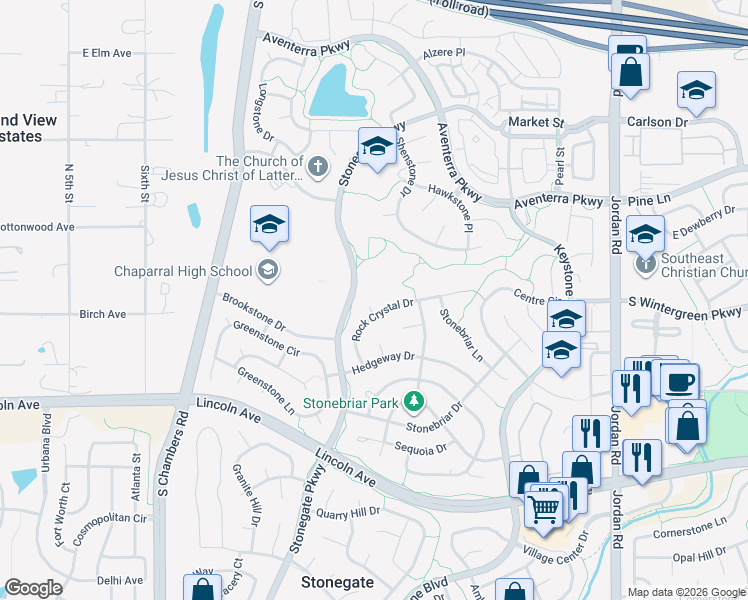 map of restaurants, bars, coffee shops, grocery stores, and more near 9774 Ironstone Place in Parker