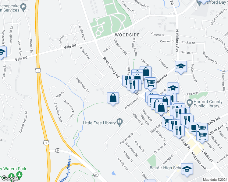 map of restaurants, bars, coffee shops, grocery stores, and more near 510 Mast Street in Bel Air
