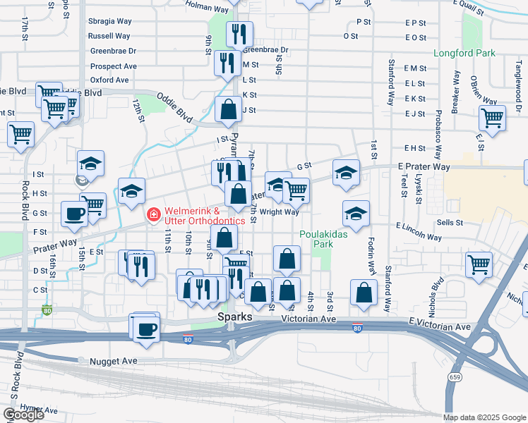 map of restaurants, bars, coffee shops, grocery stores, and more near 701 6th Street in Sparks