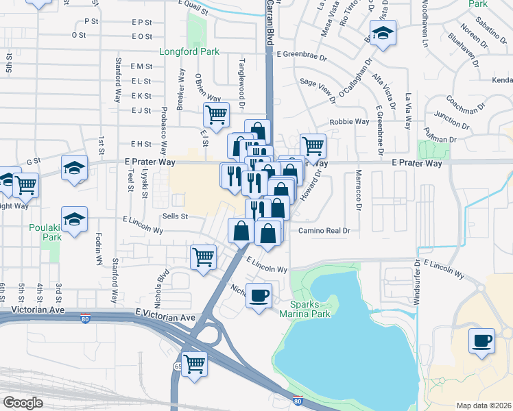 map of restaurants, bars, coffee shops, grocery stores, and more near 673 North McCarran Boulevard in Sparks