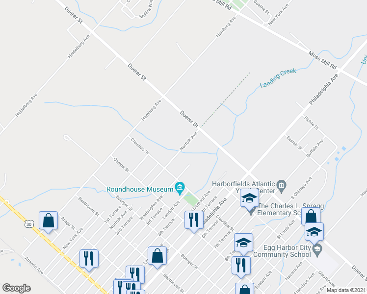 map of restaurants, bars, coffee shops, grocery stores, and more near 678 Norfolk Avenue in Egg Harbor City
