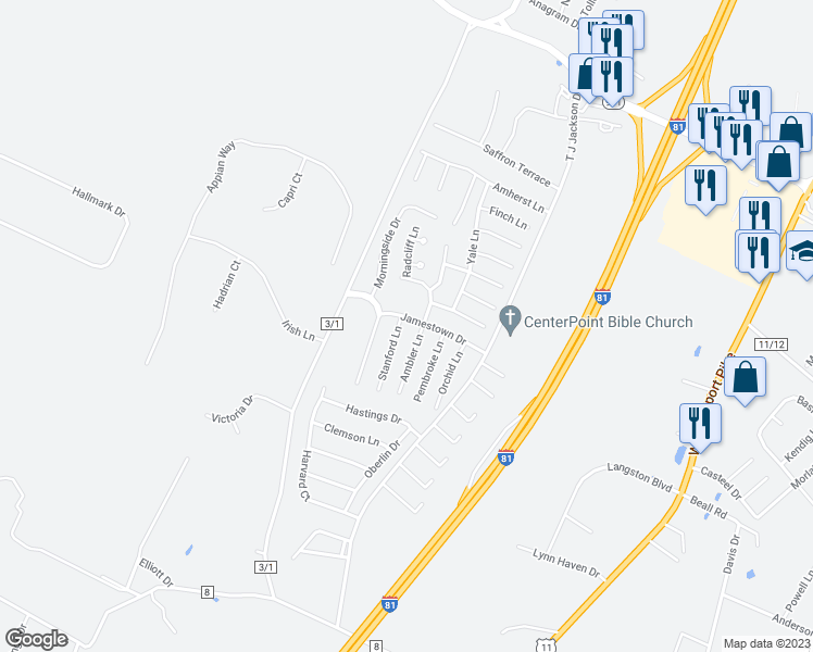 map of restaurants, bars, coffee shops, grocery stores, and more near 17 Stanford Lane in Falling Waters