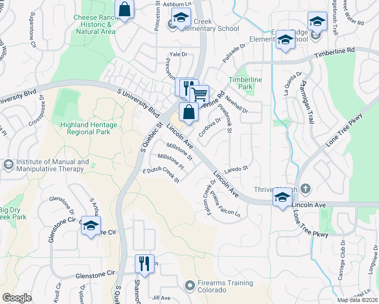map of restaurants, bars, coffee shops, grocery stores, and more near 6697 Millstone Street in Littleton