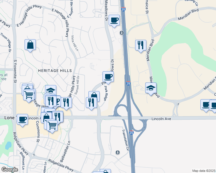 map of restaurants, bars, coffee shops, grocery stores, and more near 10375 Park Meadows Drive in Littleton