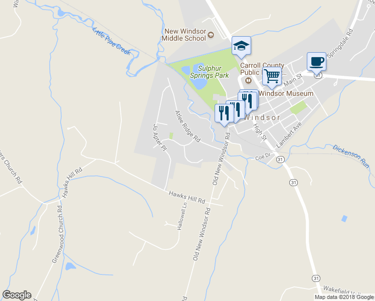 map of restaurants, bars, coffee shops, grocery stores, and more near 3189 Vista Court in New Windsor