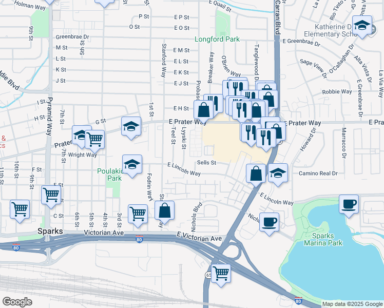 map of restaurants, bars, coffee shops, grocery stores, and more near 113 East Prater Way in Sparks