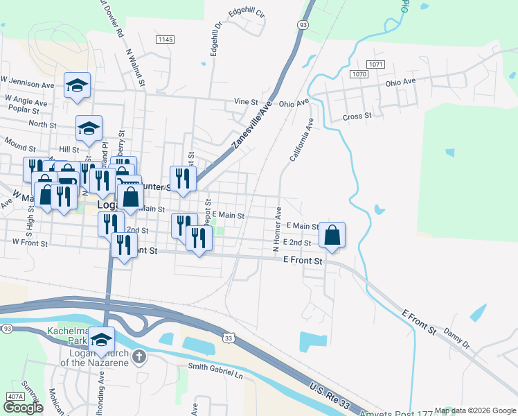 map of restaurants, bars, coffee shops, grocery stores, and more near 656 East Main Street in Logan
