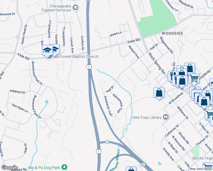 map of restaurants, bars, coffee shops, grocery stores, and more near 653 Carleton Trail in Bel Air
