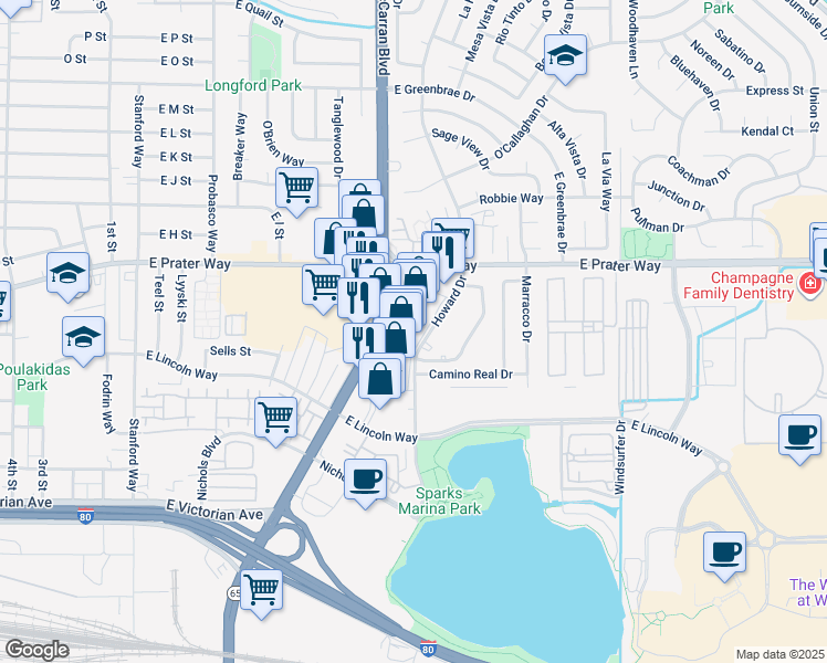 map of restaurants, bars, coffee shops, grocery stores, and more near 588 North McCarran Boulevard in Sparks