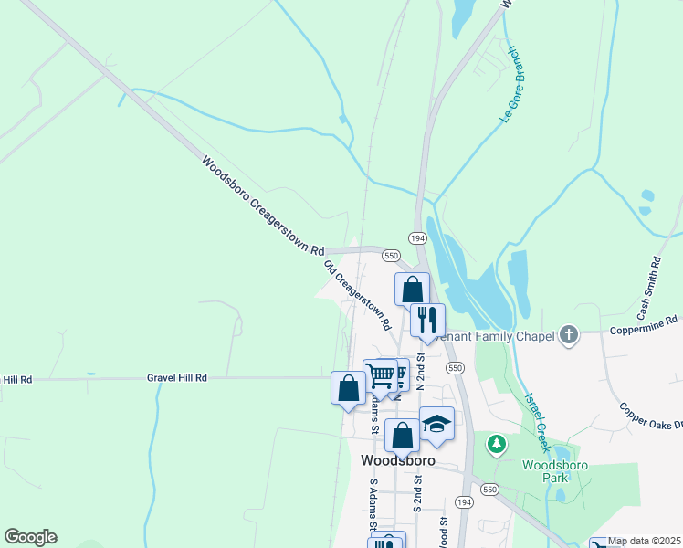 map of restaurants, bars, coffee shops, grocery stores, and more near 105 Woodsboro Creagerstown Road in Woodsboro