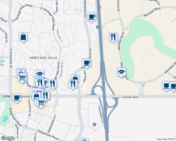 map of restaurants, bars, coffee shops, grocery stores, and more near 10375 Park Meadows Drive in Lone Tree