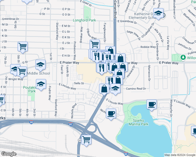 map of restaurants, bars, coffee shops, grocery stores, and more near 692 Pine Meadows Drive in Sparks