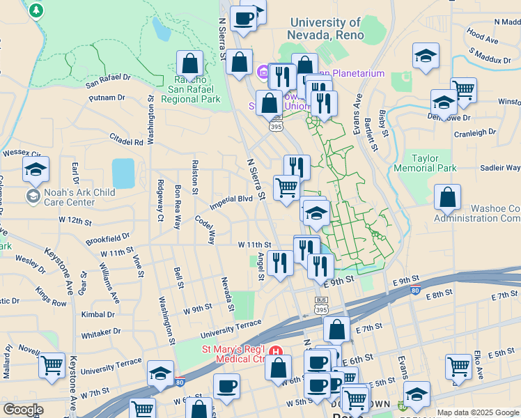 map of restaurants, bars, coffee shops, grocery stores, and more near 1261 Seminary Avenue in Reno