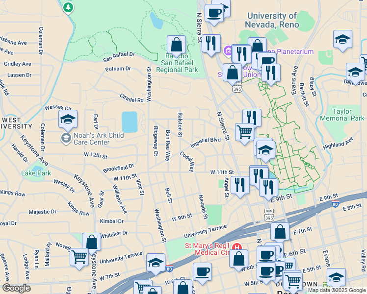 map of restaurants, bars, coffee shops, grocery stores, and more near 401 Imperial Boulevard in Reno