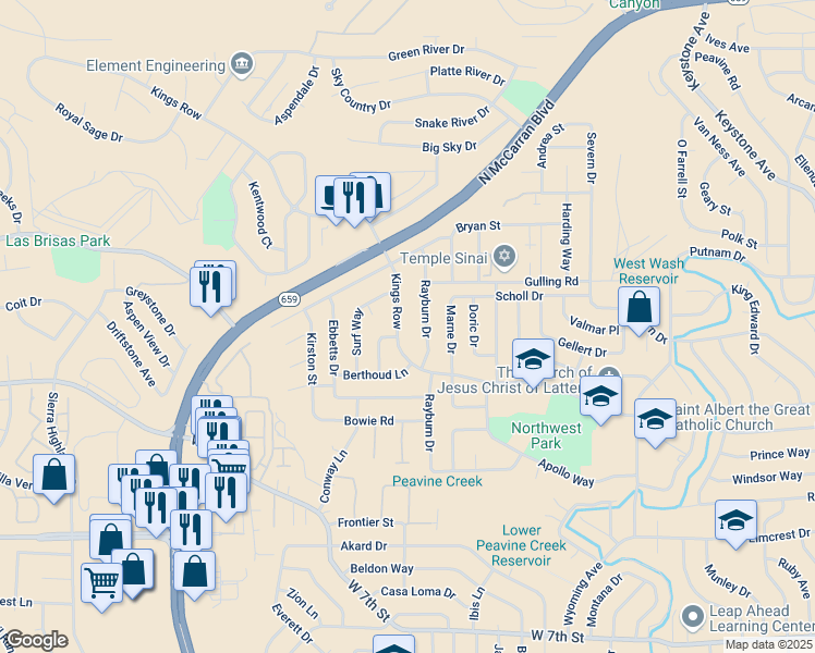 map of restaurants, bars, coffee shops, grocery stores, and more near 3320 Kings Row in Reno