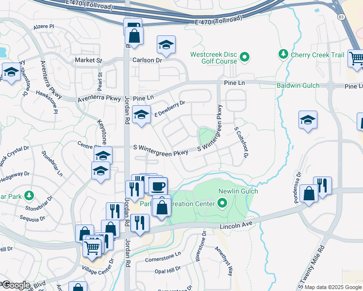 map of restaurants, bars, coffee shops, grocery stores, and more near 17318 East Twinberry Street in Parker
