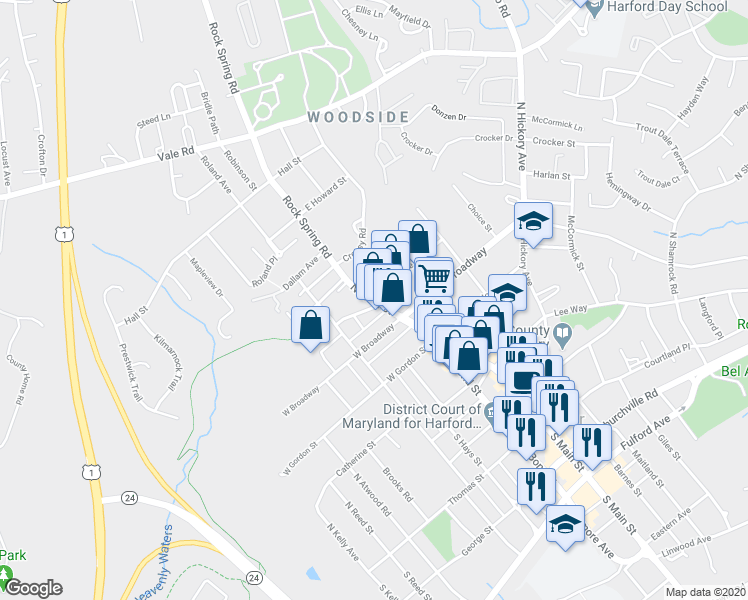 map of restaurants, bars, coffee shops, grocery stores, and more near 411 North Main Street in Bel Air