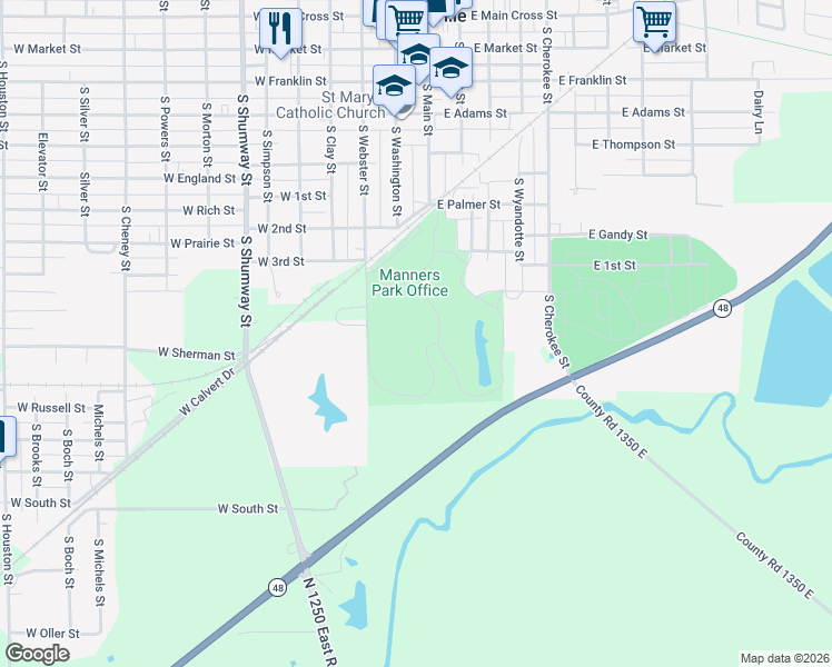 map of restaurants, bars, coffee shops, grocery stores, and more near 18 Manners Park Road in Taylorville