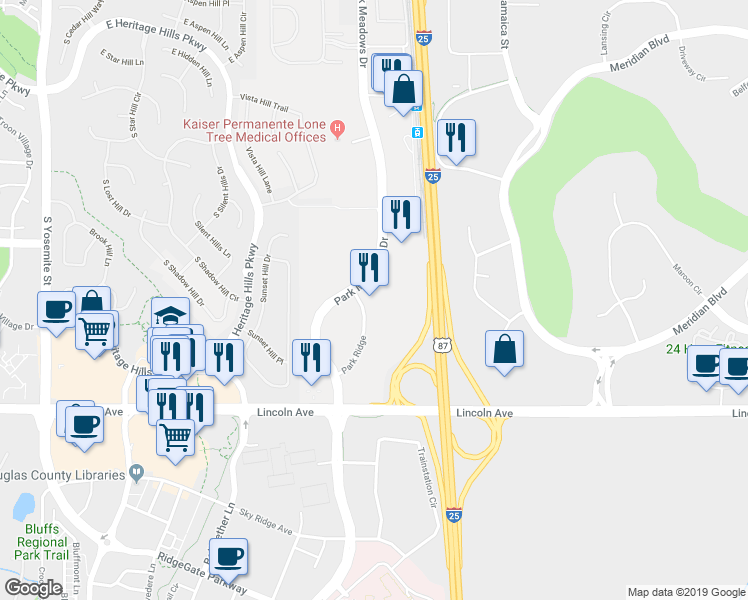 map of restaurants, bars, coffee shops, grocery stores, and more near 10375 Park Meadows Drive in Littleton