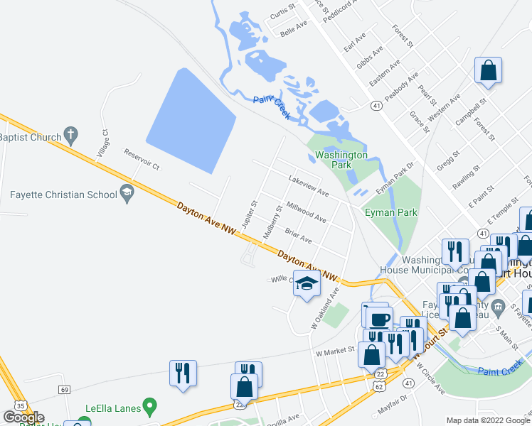 map of restaurants, bars, coffee shops, grocery stores, and more near 1014 Briar Avenue in Washington Court House