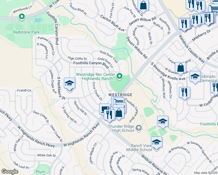 map of restaurants, bars, coffee shops, grocery stores, and more near 9624 South Castle Ridge Circle in Littleton