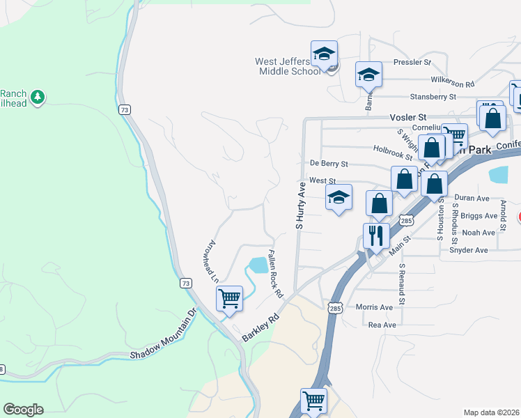 map of restaurants, bars, coffee shops, grocery stores, and more near 27001 Ridge Trail in Conifer
