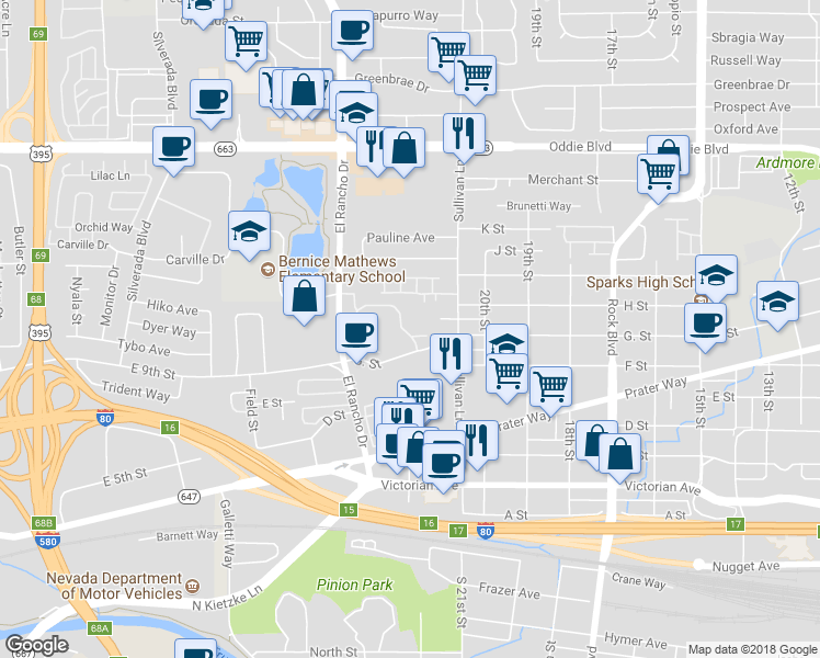 map of restaurants, bars, coffee shops, grocery stores, and more near 2154 Roundhouse Road in Sparks