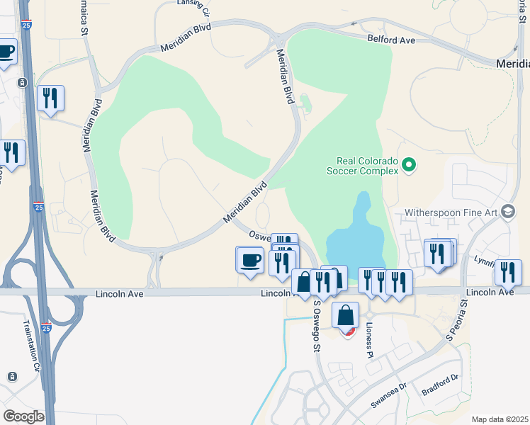 map of restaurants, bars, coffee shops, grocery stores, and more near 9780 South Meridian Boulevard in Englewood