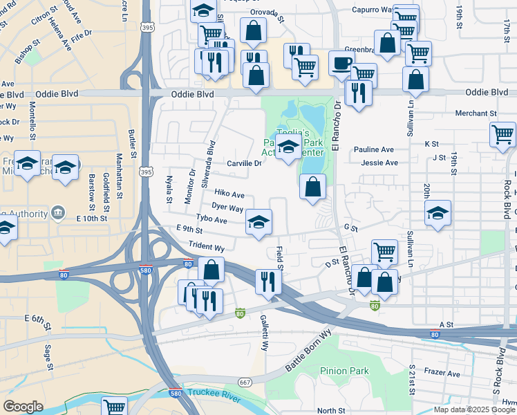 map of restaurants, bars, coffee shops, grocery stores, and more near 1100 Shoshone Drive in Reno